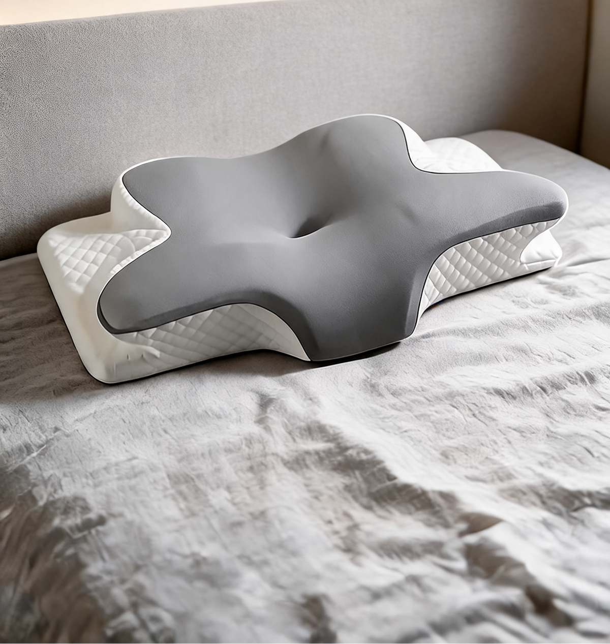 Dormeva Butterfly cervical pillow on a bed, ergonomic memory foam neck pillow